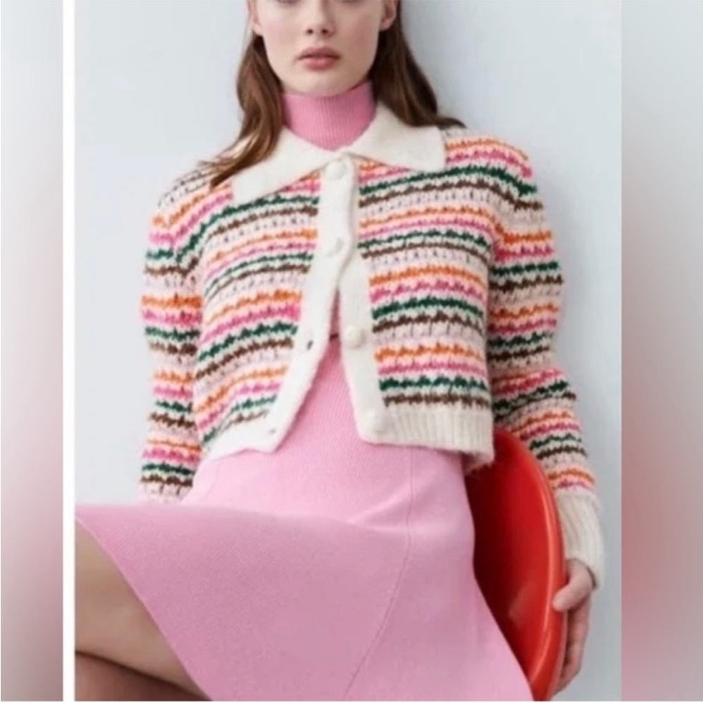 🔖 S RARE Zara Rainbow Striped Chunky Cable Knit Cardigan Sweater